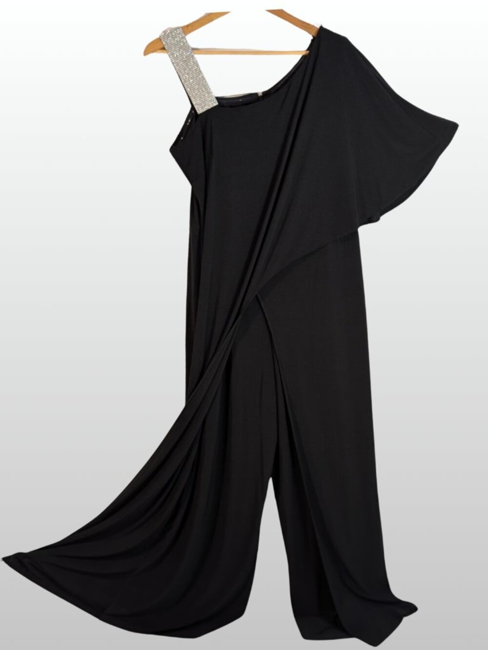 Rhinestone Strap Asymmetric Flutter Sleeve Overlay Jumpsuit - Picture 3 of 15